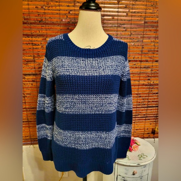a.n.a Navy and White Striped Crew Neck Sweater - Picture 1 of 4